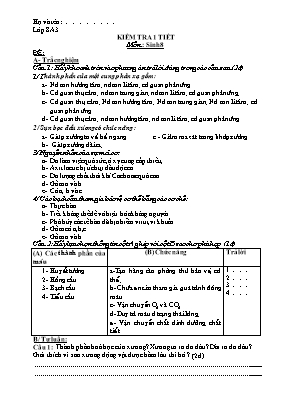 Đề kiểm tra một tiết học kì I Sinh học lớp 8